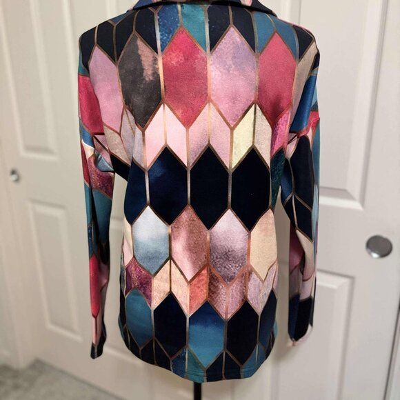 Women's Colorful Jacquard Designed Long-Sleeve Top with Zip Neck & Collar - Picture 3 of 5